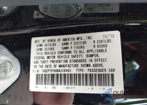 2011 Honda Accord 3.5 Ex-L from USA, damaged, VIN 1HGCP3F88BA008465